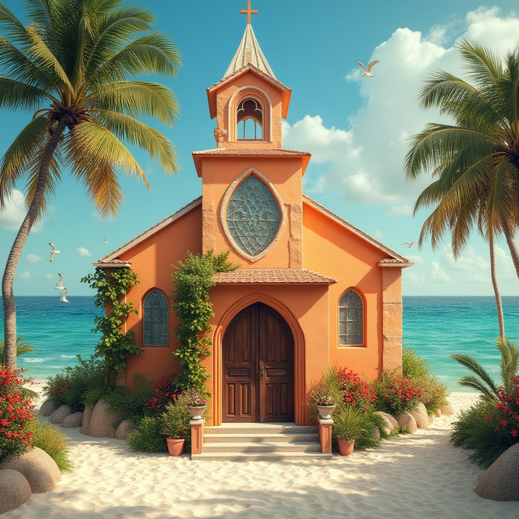 Prompt: Warm apricot color, beach church, tropical atmosphere, sunny day, gentle sea breeze, palm trees swaying, white sandy beach, clear turquoise water, seagulls flying overhead, stained glass windows, rustic wooden doors, coral stone walls, ivy crawling up the facade, vibrant floral arrangements, soft warm lighting, 3/4 composition, shallow depth of field.