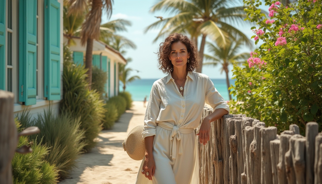 Prompt: Coastal residential eclecticism, mature lady, 30s, curly brown hair, minimal makeup, elegant posture, white linen shirt, high-waisted maxi skirt, sandals, statement shell necklace, holding a woven straw hat, leaning against a driftwood fence, beachside villa, turquoise shutters, lush greenery, colorful bougainvillea, tropical palm trees, oceanview, seagulls flying overhead, warm golden light, soft focus, cinematic composition, 3/4 view, shallow depth of field, natural textures, rustic wooden accents.