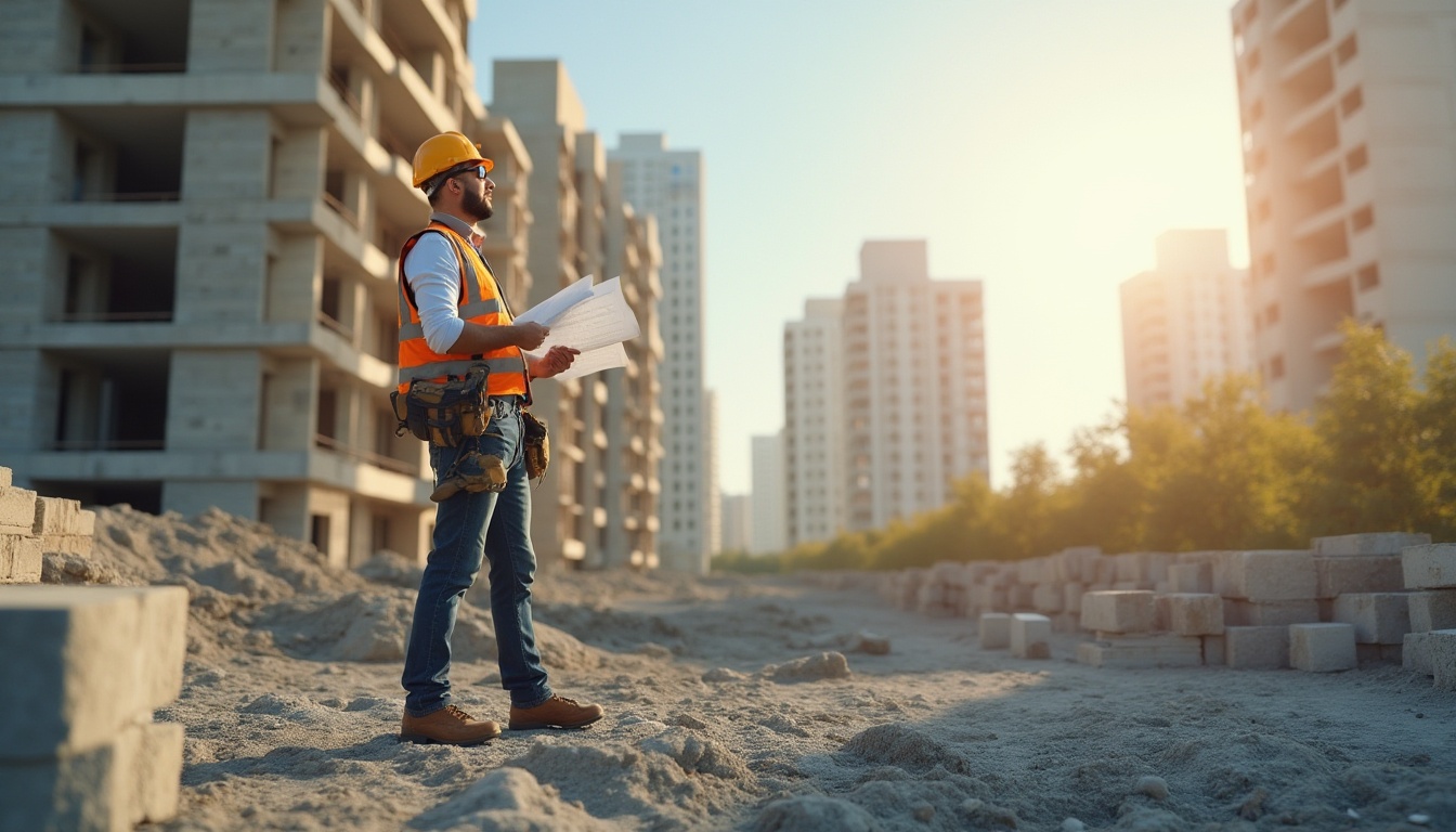 Prompt: Masonry materials, construction site, architect, blueprints, hard hat, vest, sunglasses, rugged boots, holding tape measure, standing, looking up, building design, modern architecture, green building, sustainable development, urban planning, cityscape, daytime, clear sky, warm sunlight, natural light, 3/4 composition, shallow depth of field, realistic, ambient occlusion.