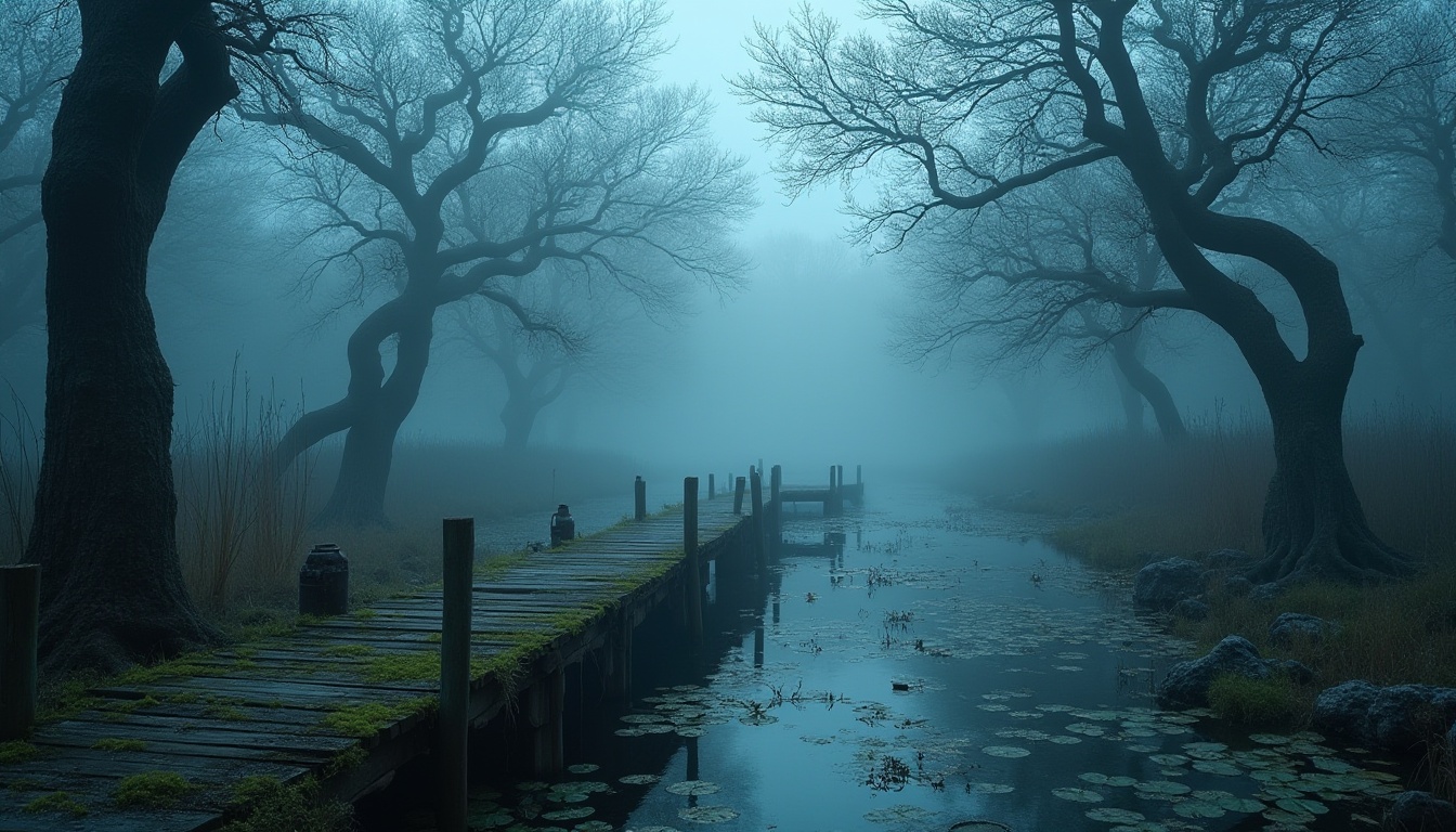 Prompt: Wetland landscape, Prussian blue accents, murky waters, twisted cypress trees, tangled aquatic plants, misty atmosphere, foggy morning, eerie silence, abandoned wooden pier, old rusty lanterns, moss-covered stones, lily pads, soft ripples on the water surface, warm and soft ambient lighting, 3/4 composition, panoramic view, cinematic mood.