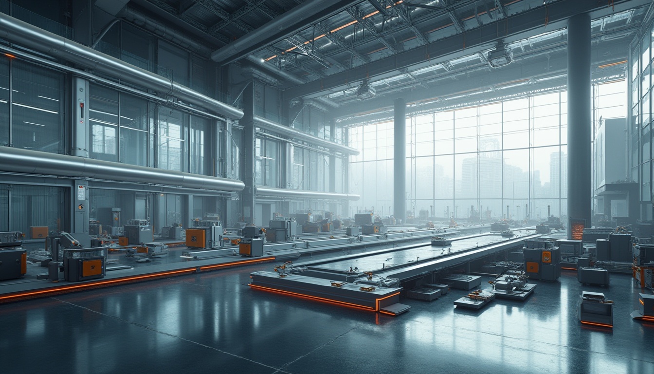 Prompt: Modern distribution center, futuristic architecture, sleek lines, metallic materials, neon lights, automated robots, conveyor belts, high-tech gadgets, minimalist interior design, monochromatic color scheme, glass walls, transparent roofing, natural light pouring in, industrial chic, urban landscape, cityscape background, misty atmosphere, warm softbox lighting, 3/4 composition, panoramic view.