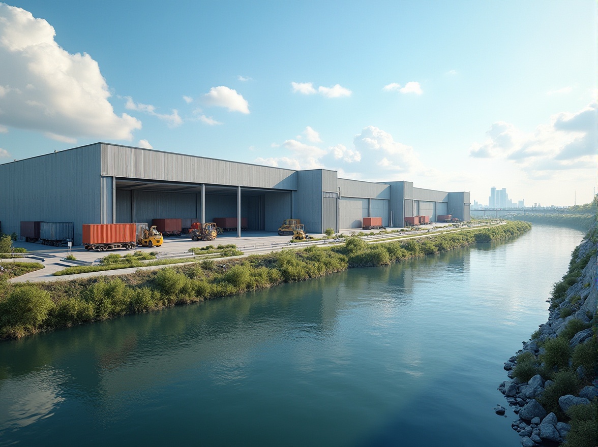 Prompt: Modern distribution center, riverbank, industrial architecture, metal structure, large warehouses, loading docks, cargo containers, cranes, forklifts, riverside walkway, greenery, water reflection, sunny day, clear sky, few puffy clouds, natural light, soft shadows, 3/4 composition, shallow depth of field, vibrant colors, realistic rendering.