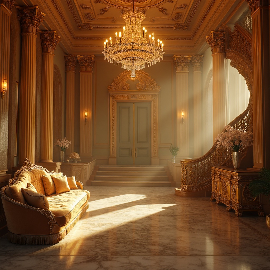 Prompt: Luxurious interior, golden color palette, elegant ambiance, ornate chandelier, velvet sofa, intricate wooden table, marble floor, majestic columns, grand staircase, crystal vases, lavish drapes, warm soft lighting, afternoon sunbeams, subtle shadows, cinematic composition, shallow depth of field, high-end realism.