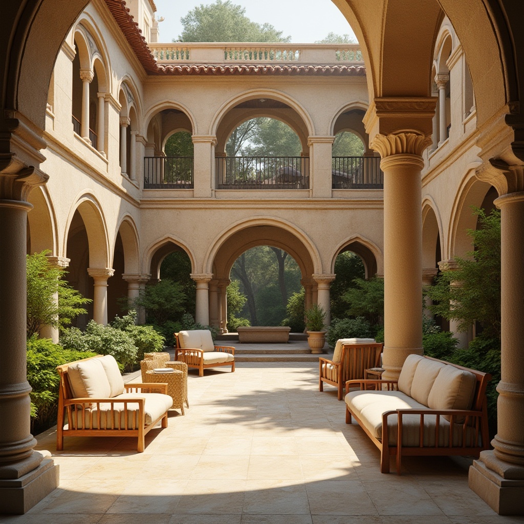 Prompt: Romanesque rehabilitation center, incorporating sandstone, warm beige exterior walls, ornate stone carvings, grand archways, majestic columns, lush greenery, Mediterranean gardens, tranquil water features, serene ambiance, soft natural lighting, warm wooden furniture, plush velvet cushions, calming color palette, elegant decor, sophisticated architecture, intricate stonework, rustic charm, earthy tones, peaceful atmosphere, warm sunny day, slight mist in the air.