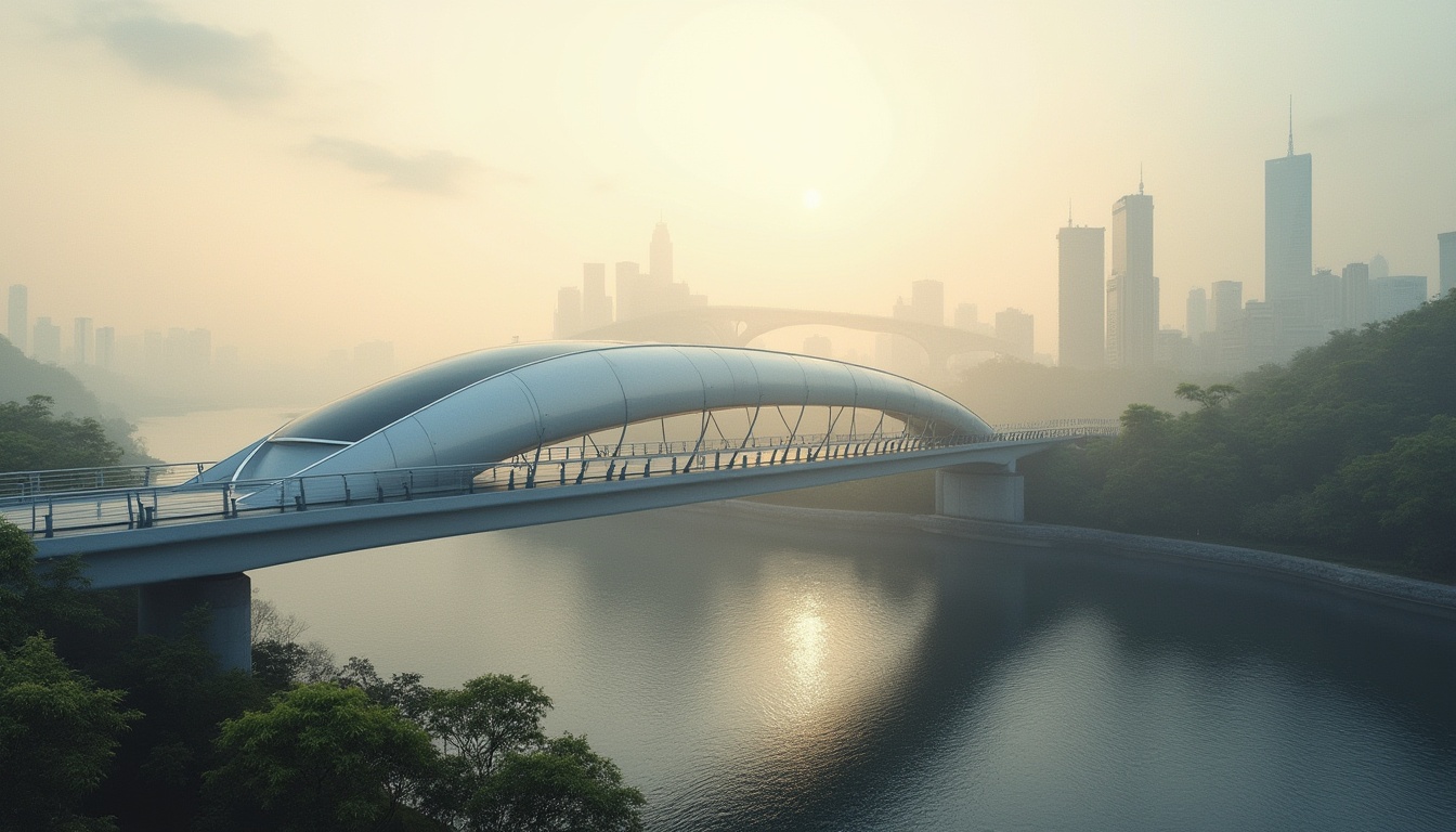 Prompt: Streamlined modern bridge, elegant curves, silver metallic material, futuristic design, cityscape background, urban landscape, misty morning atmosphere, soft focus effect, cinematic composition, 3/4 view angle, low-angle shot, warm golden lighting, subtle gradient colors, sleek lines, minimalist aesthetic, subtle reflections on the water surface, distant skyscrapers, gentle river flow, lush greenery surroundings.