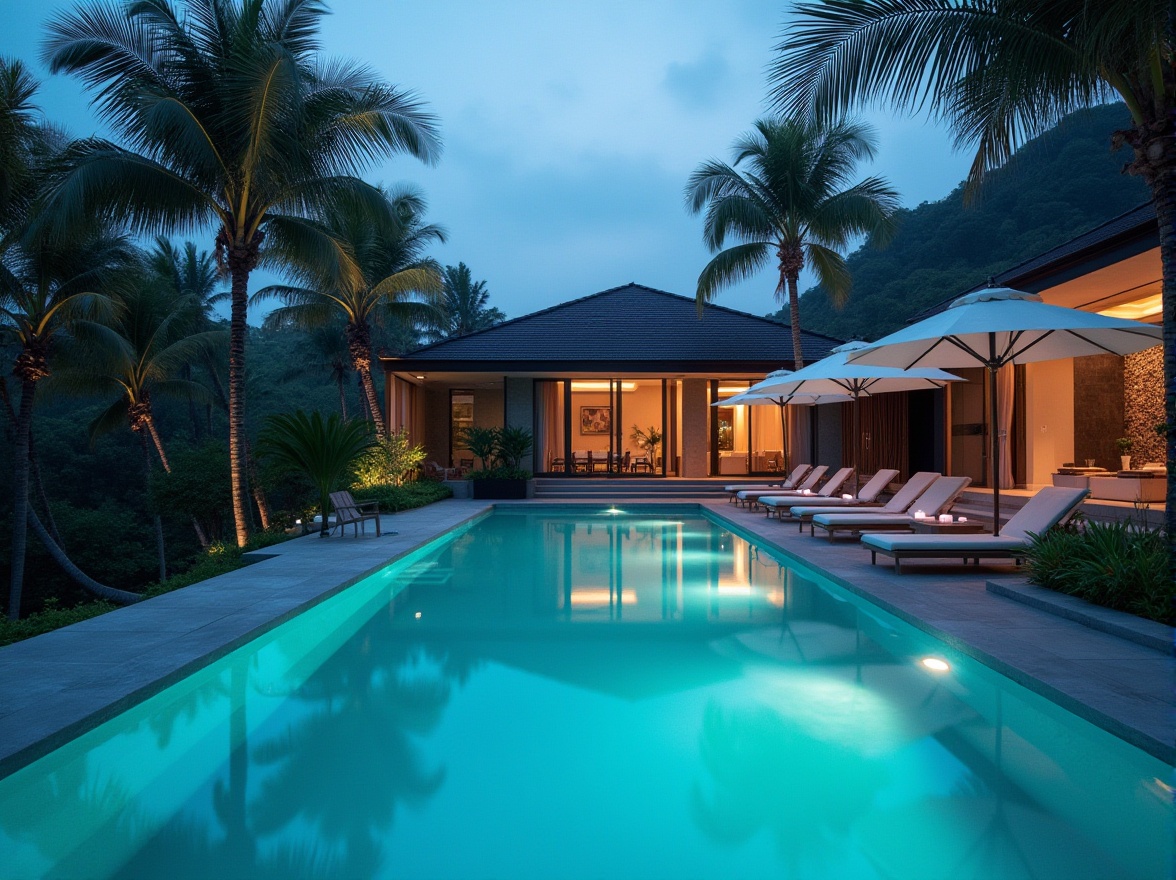 Prompt: Dark cyan pool, luxurious villa, evening atmosphere, calm waters reflecting vibrant dark cyan hue, modern concrete pool deck, sleek lounge chairs, minimalist white umbrellas, exotic palm trees surrounding, warm soft lighting, cinematic composition, 3/4 view, shallow depth of field, high-end realistic, subtle mist effect.