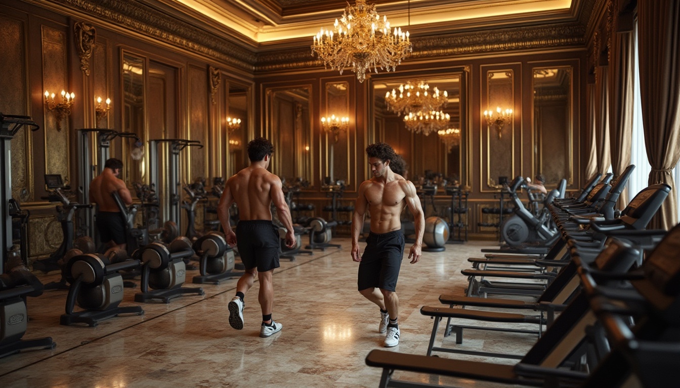 Prompt: Classic fitness club, luxurious interior, steel material accents, gold-plated equipment, marble floors, high ceilings, grand chandeliers, ornate mirrors, heavy drapes, elegant lighting, masculine atmosphere, strong physique men, ripped muscles, intense workout, sweat dripping, free weights, Olympic benches, treadmills, steel dumbbells, leather-covered exercise balls, wooden lockers, stone walls, modern technology integration, 3/4 composition, low-angle shot, warm color tone, high contrast, cinematic lighting.