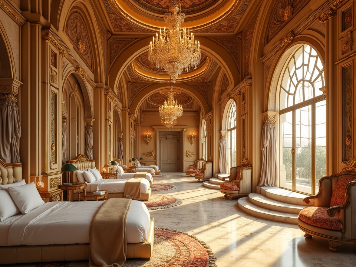 Prompt: Byzantine-inspired modern dormitory, luxurious golden accents, intricate mosaics, ornate pillars, grand archways, lavish chandeliers, rich velvet drapes, majestic throne-like beds, elegant marble floors, lavish furnishings, opulent tapestries, regal atmosphere, warm soft lighting, 3/4 composition, close-up of details, warm beige and gold color palette, symmetrical architecture, ornate doors, grandiose staircases, luxurious common areas, studious ambiance.