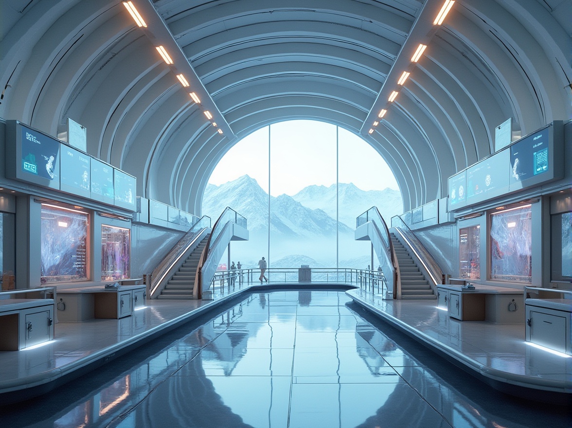 Prompt: Futuristic plateau tram station, sleek, modern architecture, curved lines, silver metallic material, transparent glass walls, LED lighting, holographic advertisements, elevated platforms, staircases with railings, spacious interior, comfortable seating areas, panoramic views of surrounding mountains, snowy peaks in the distance, misty atmosphere, soft morning light, ambient occlusion, cinematic composition, 3/4 view, symmetrical framing.