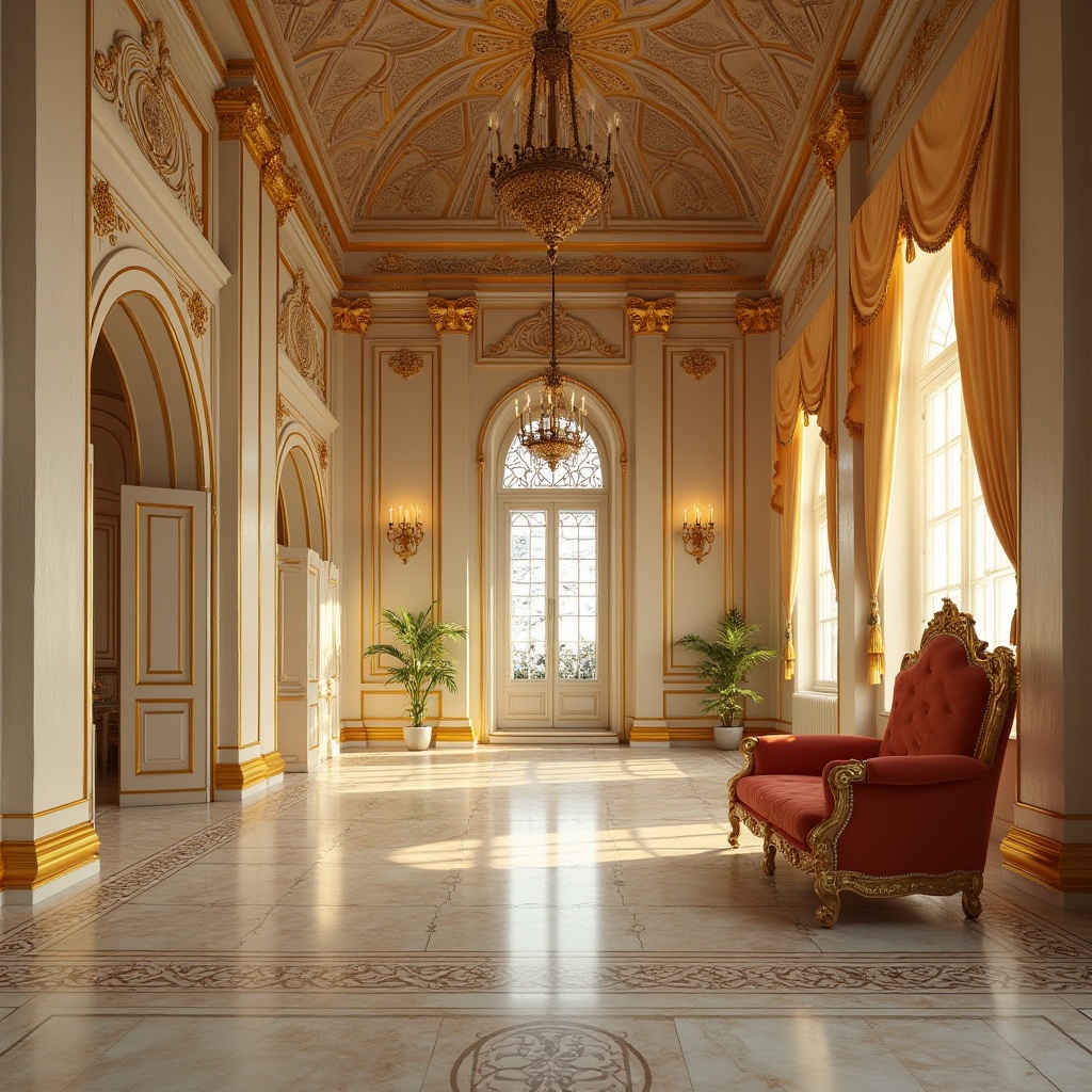 Prompt: Byzantine style interior, cream color walls, golden ornate frames, intricate mosaic patterns, luxurious velvet furniture, ornate chandeliers, majestic high ceilings, grandiose archways, lavish curtains with tassel details, regal throne-like chair, marble floor with inlaid Byzantine designs, warm soft lighting, dramatic shadows, 3/4 composition, wide-angle shot, cinematic ambiance.