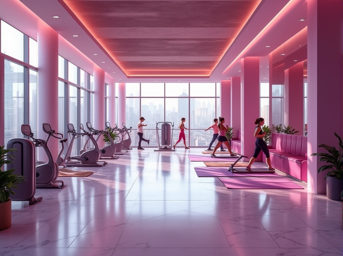 Prompt: Fitness club interior, luxurious atmosphere, orchid color scheme, soft indirect lighting, marble floor, minimalist decor, modern equipment, sleek lines, futuristic machines, dynamic shapes, energetic ambiance, morning natural light, high ceiling, large windows, urban cityscape view, young adults exercising, stretching, running, lifting weights, group fitness class, yoga mats, mirrors, metallic accents, leather seating area, orchid-colored walls, pillars, and furniture.