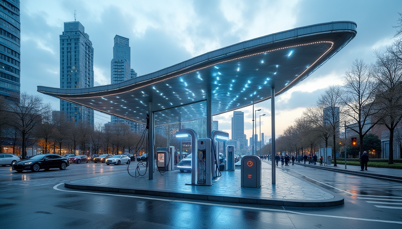 Prompt: Urban charging station, modern design, sleek metal structure, glass roof, LED lights, futuristic ambiance, cityscape background, skyscrapers, busy streets, pedestrians walking by, electric vehicles parked, charging cables connected, urban atmosphere, cloudy sky, soft natural light, shallow depth of field, vibrant colors, 3/4 composition, panoramic view.