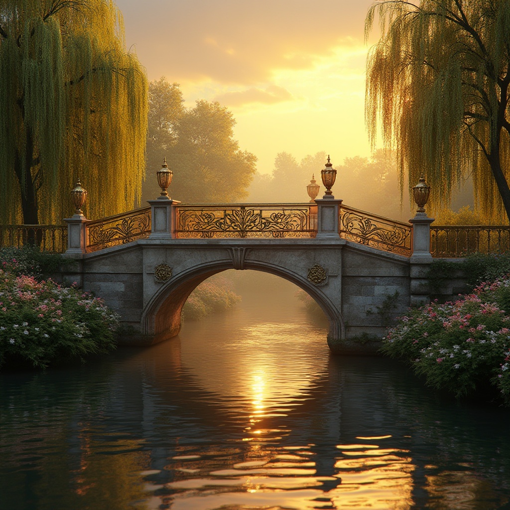 Prompt: Golden bridge, majestic, luxurious, ornate, grandiose, curved lines, intricate details, sunset ambiance, warm golden light, reflected on water surface, gentle ripples, calm riverbank, lush greenery, weeping willows, blooming flowers, stone or metal material, textured, rustic, weathered, worn, aged, ancient, mystical atmosphere, soft focus, shallow depth of field, cinematic composition, low-angle shot, dramatic lighting.