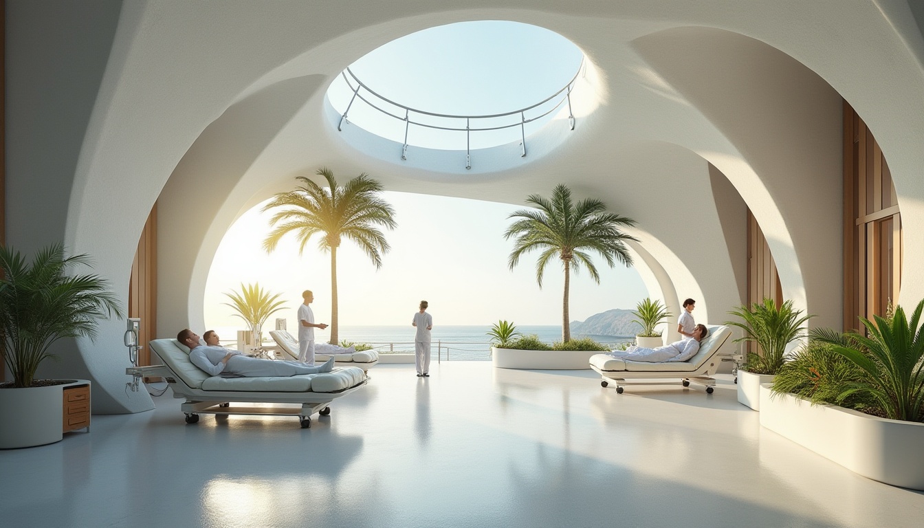 Prompt: Island Clinics, futuristic architecture, white concrete walls, glass ceilings, tropical plants, natural light pouring in, wooden accents, modern medical equipment, doctors and nurses in uniforms, patients on hospital beds, calm atmosphere, ocean views, palm trees swaying outside, 3/4 composition, soft focus, warm lighting, morning ambiance.