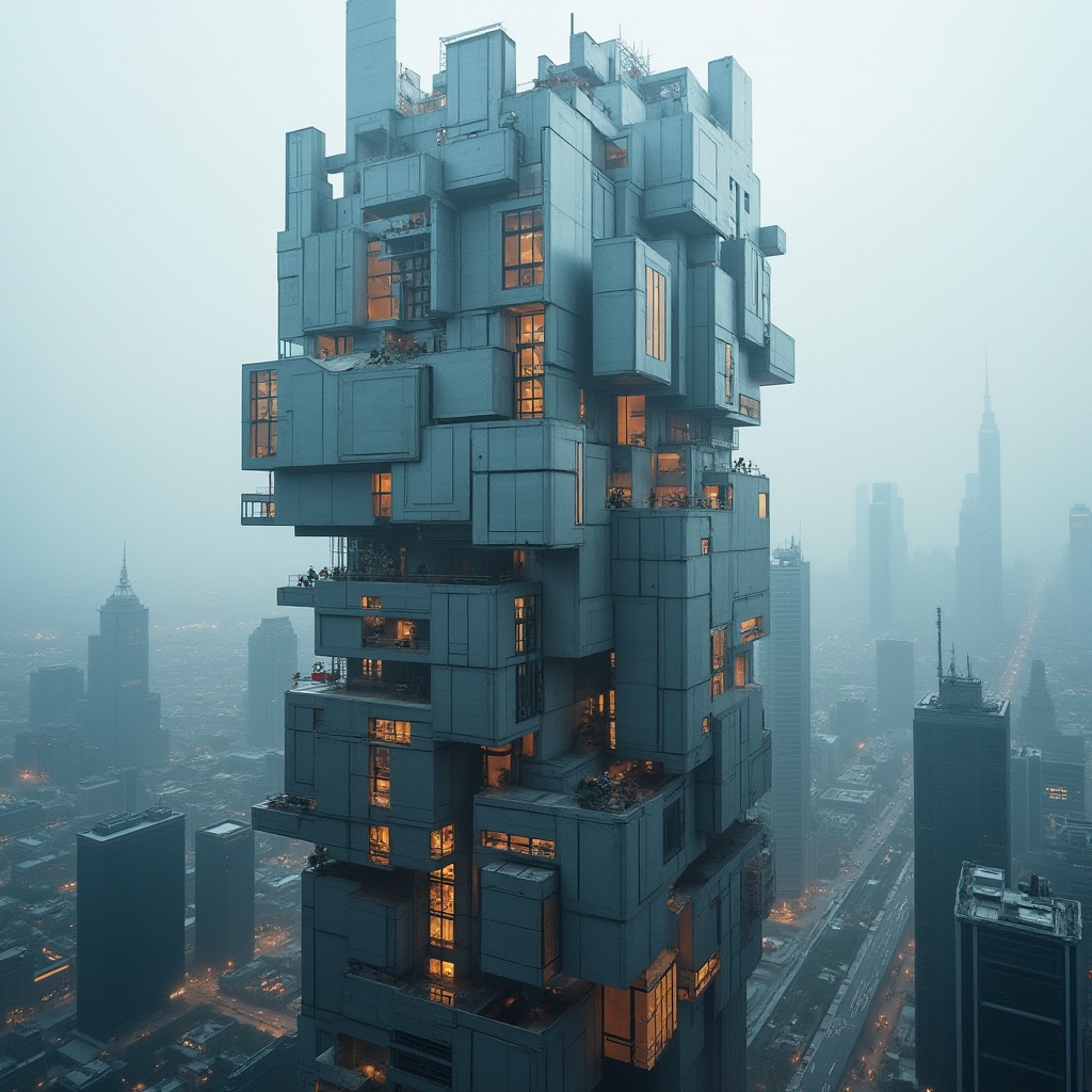 Prompt: Deconstructivist skyscraper, futuristic, irregular shape, fragmented structure, chaotic architecture, stainless steel, glass, concrete, bold color accents, abstract sculpture-inspired details, angular lines, dramatic lighting, cityscape, metropolitan area, foggy morning, aerial view, bird's eye perspective, 3/4 composition, high contrast, cinematic mood, moody atmosphere, modern art-inspired, avant-garde.