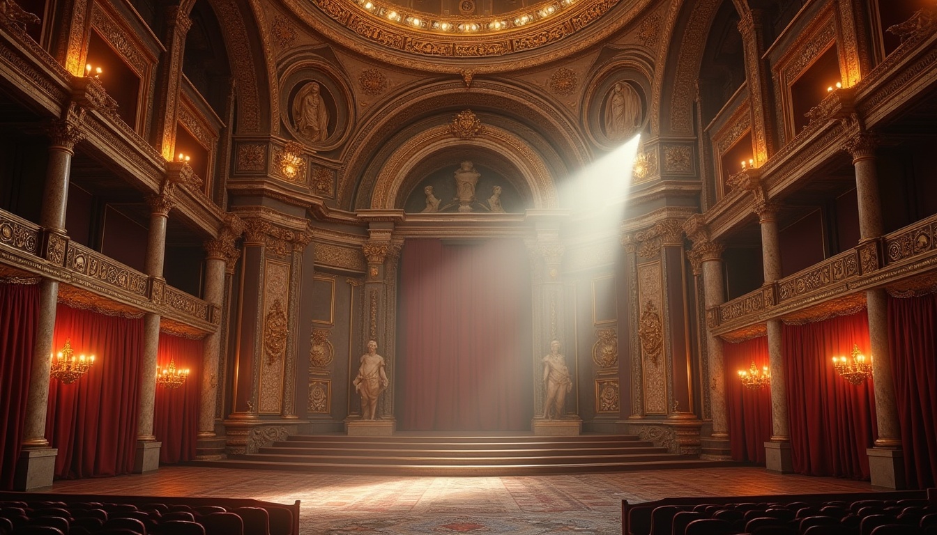 Prompt: Historical Byzantine theater, ornate architecture, grand interior, high ceiling, marble columns, intricate mosaics, golden details, red velvet curtains, spotlights shining down, a majestic stage, ancient Greek-inspired statues, lavish chandeliers, regal atmosphere, opulent textures, warm soft lighting, 3/4 composition, facial close-up, dramatic shadows, historic preservation, cultural heritage.