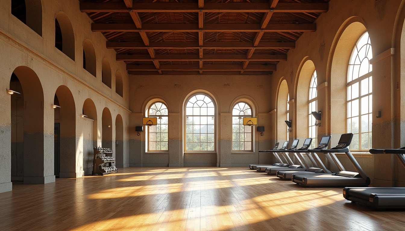 Prompt: Ancient Roman-inspired gymnasium, grandiose architecture, arches, columns, ornate details, fiber-cement materials, textured stone walls, rustic wooden beams, large windows, natural lighting, athletic equipment, treadmills, free weights, exercise mats, basketball hoops, sporty atmosphere, warm color tone, soft shadows, 3/4 composition, dramatic angle shot, cinematic lighting, morning sunbeams.