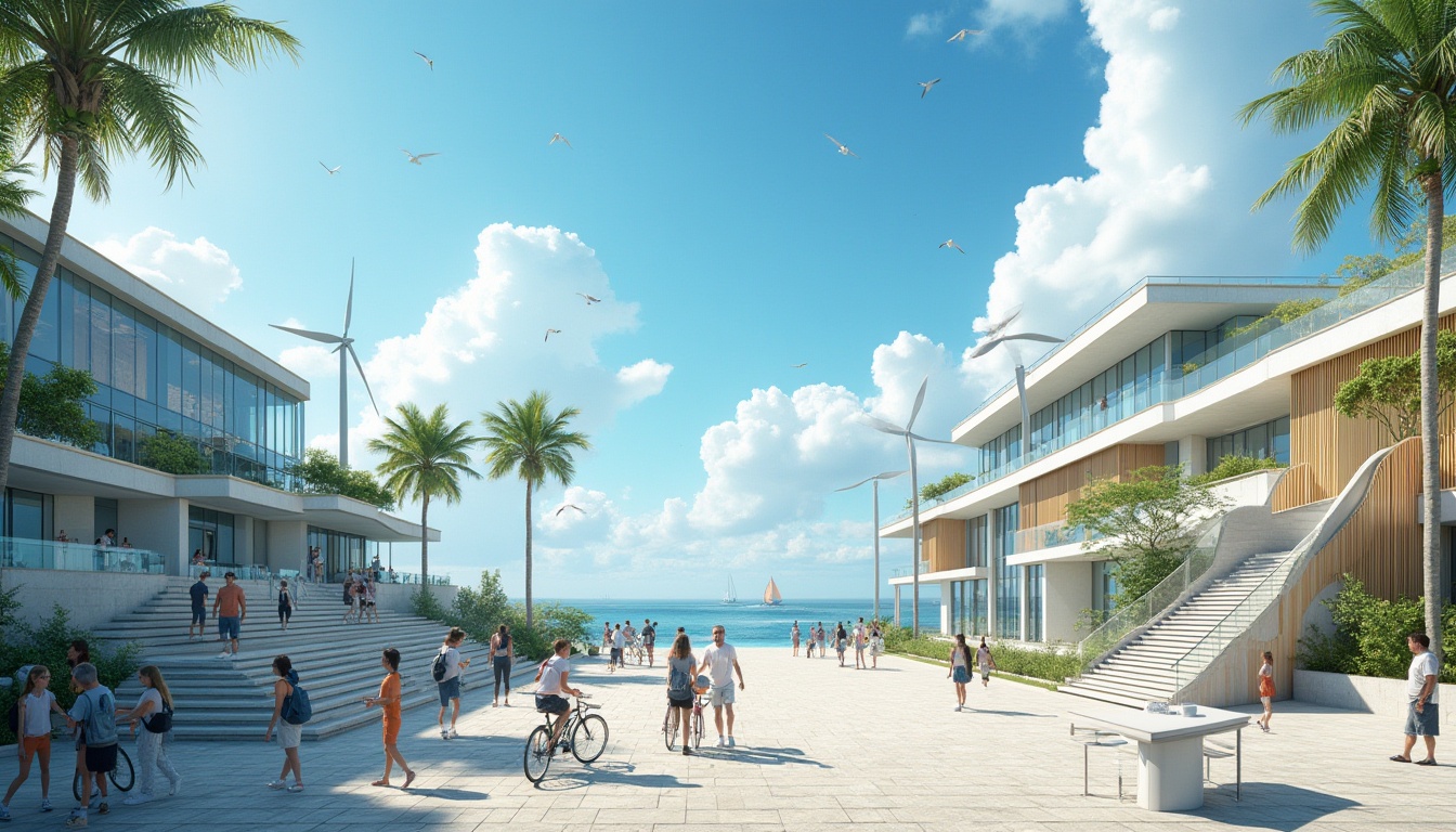 Prompt: Coastal campus, modern architecture, glass buildings, white walls, wooden accents, stairs, ramps, green roofs, solar panels, wind turbines, bicycles, pedestrians, students, professors, laptops, books, backpacks, sunglasses, casual wear, summer atmosphere, sunny day, clear blue sky, fluffy white clouds, seagulls flying overhead, beachside location, palm trees, tropical plants, waves crashing, sailboats in the distance, 3/4 composition, natural lighting, soft focus.