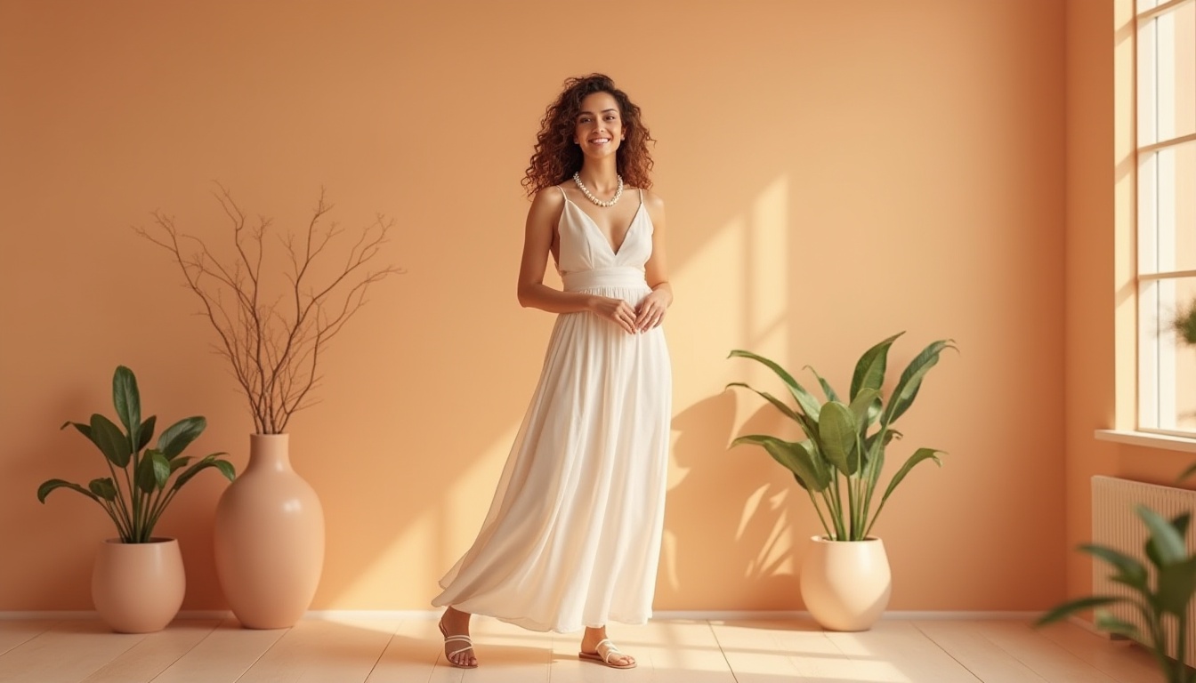 Prompt: Apricot color, pastel tone, warm beige, aesthetic design, elegant lady, 30yo, curly hair, subtle makeup, pearl necklace, flowy maxi dress, sandals, standing, studio background, natural light, softbox lighting, 3/4 composition, relaxed posture, gentle smile, minimalist decor, apricot walls, wooden floor, potted plants, artistic vase, warm atmosphere, inviting ambiance.