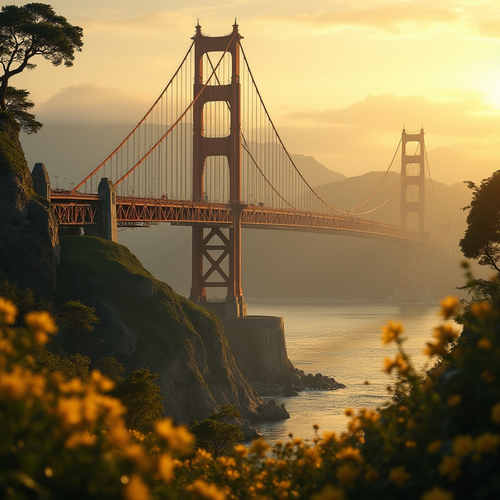 Prompt: Golden suspension bridge, majestic architecture, grandeur structure, intricate metalwork details, warm golden lighting, sunset ambiance, gentle river flow, lush greenery surroundings, vibrant yellow flowers blooming, misty atmosphere, distant mountains backdrop, soft focus, cinematic composition, 3/4 view angle, dramatic depth of field, high contrast ratio.