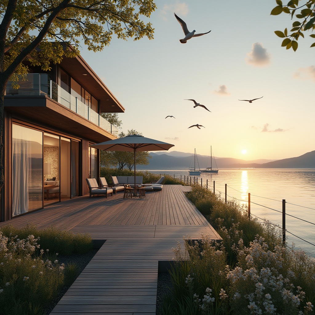 Prompt: Luxurious lakefront villa, modern architecture, large windows, sliding glass doors, wooden deck, outdoor furniture, parasol, lake view, sunset, calm water, few sailboats, seagulls flying overhead, surrounding trees, lush greenery, blooming flowers, gentle breeze, soft warm lighting, 3/4 composition, panoramic view.