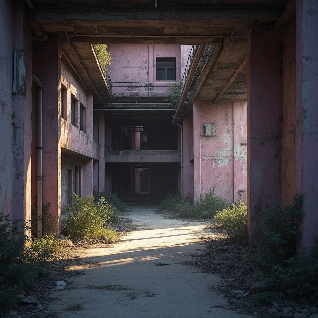 Prompt: Brutalist architecture, abandoned building, industrial atmosphere, lilac walls, concrete floors, metal beams, exposed pipes, rough texture, urban decay, overgrown vegetation, dramatic lighting, cinematic composition, 3/4 view, low-angle shot, warm ambient light, soft focus.