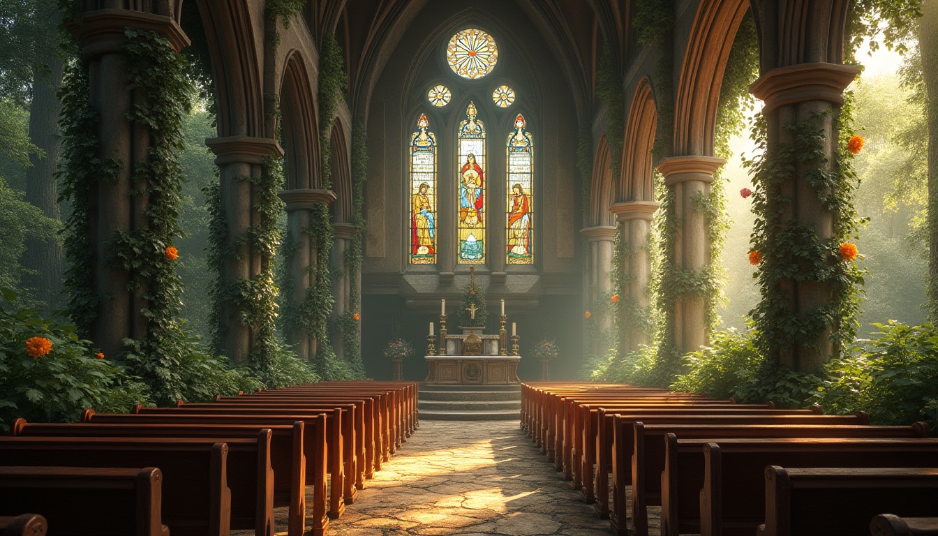 Prompt: Church interior, natural surroundings, stained glass windows, intricate stone carvings, wooden pews, vines crawling up columns, flowers blooming on altar, soft warm lighting, gentle forest atmosphere, misty morning, dew droplets on leaves, subtle earth tone color palette, organic architecture, harmonious blend of nature and spirituality, peaceful ambiance, serene composition.