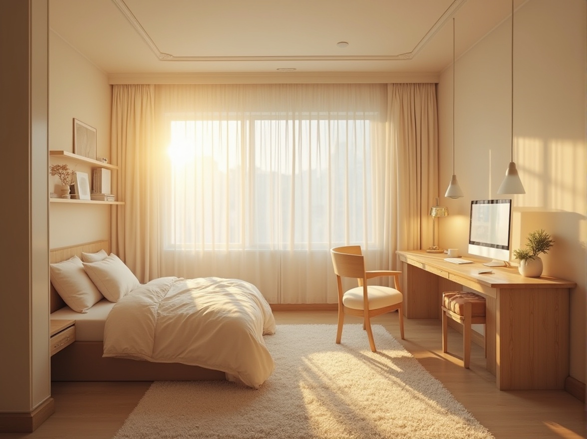 Prompt: Cozy dorm room, beige color palette, soft warm lighting, wooden furniture, comfortable bedding, plush carpet, minimalist decor, calm atmosphere, relaxing ambiance, soft focus, gentle shadows, warm beige walls, creamy white curtains, oak wood desk, beige upholstered chair, fluffy rug, serene background, softbox lighting.