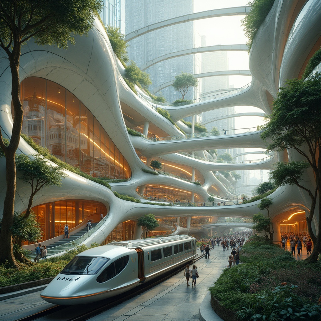 Prompt: Futuristic transportation hub, organic architecture, curves and arches, sleek lines, iridescent glass, polished steel, natural stone walls, lush greenery, hanging gardens, spiral staircases, panoramic windows, angular rooftops, busy atmosphere, people in motion, blur effect, modern cityscape, urban jungle, soft warm lighting, high contrast, cinematic composition, 3/4 view, low-angle shot.