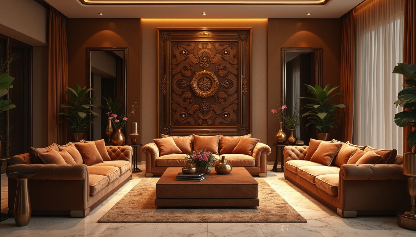 Prompt: Bronze color accent, luxurious interior design, modern villa, spacious living room, sophisticated atmosphere, metallic sheen, warm golden lighting, marble floors, ornate bronze vases, decorative bronze frames, rich velvet sofas, elegant coffee tables, ambient dramatic shadows, cinematic composition, low-angle shot, 3/4 view.