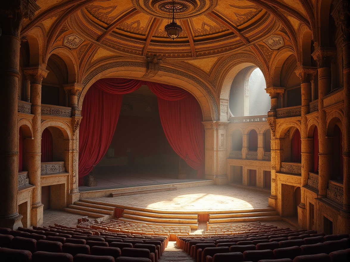 Prompt: Ancient Byzantine theater, ornate sandstone architecture, intricately carved columns, grandiose stage, red velvet curtains, golden accents, majestic arches, ornamental mosaics, soft warm lighting, dramatic shadows, audience seats in curved rows, atmospheric perspective, historic reconstruction, detailed textures, ancient Greek influences, Romanesque details, weathered stone, subtle cracks, mysterious ambiance.