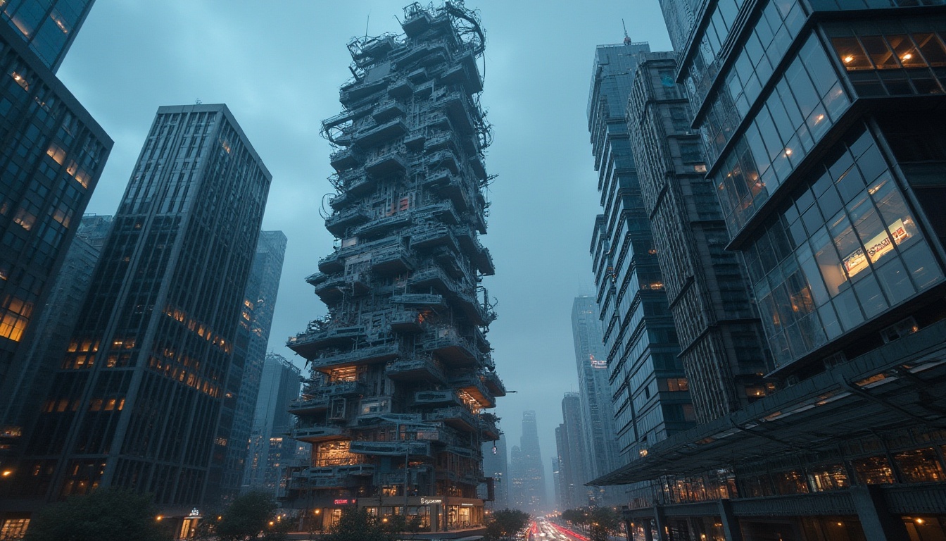 Prompt: Deconstructivist skyscraper, futuristic, irregular shape, fragmented structure, broken lines, asymmetrical design, twisted metal beams, glass façade, reflective surfaces, abstract patterns, chaotic urban landscape, cityscape at dusk, dark mood lighting, dramatic shadows, low-angle shot, cinematic composition, atmospheric perspective, high-contrast color palette.