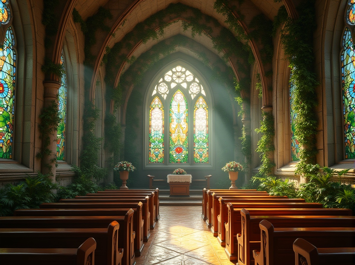 Prompt: Church interior, stained glass windows with botanical patterns, wooden pews with leaf-inspired carvings, stone walls with moss growth, vaulted ceiling resembling a forest canopy, natural light pouring in through skylights, vines crawling up pillars, floral arrangements on altar, gentle morning sunlight, serene atmosphere, peaceful ambiance, integration of nature and architecture, organic shapes, earthy tones, subtle texture, realistic details, warm and soft ambient lighting, cinematic composition.