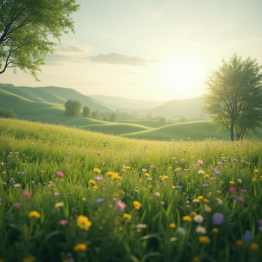 Prompt: Serenity scene, harmony atmosphere, grassland surroundings, rolling hills, green meadow, vibrant wildflowers, blooming in pastel colors, few trees scattered, gentle rustling of leaves, warm sunlight filtering through, soft misty background, shallow focus, panoramic view, 3/4 composition, idyllic ambiance, peaceful mood, nature's beauty, soft lighting, cinematic feel.