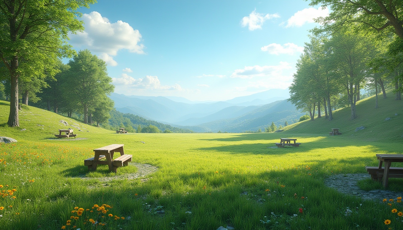 Prompt: Plateau for enhanced spectator experience, elevated seating area, panoramic view, lush green grass, scattered wildflowers in vibrant colors, wooden benches with ergonomic design, gentle slope, surrounding trees providing shade, distant mountains creating a serene backdrop, clear blue sky with few white clouds, warm and soft ambient lighting, 3/4 composition, cinematic atmosphere.