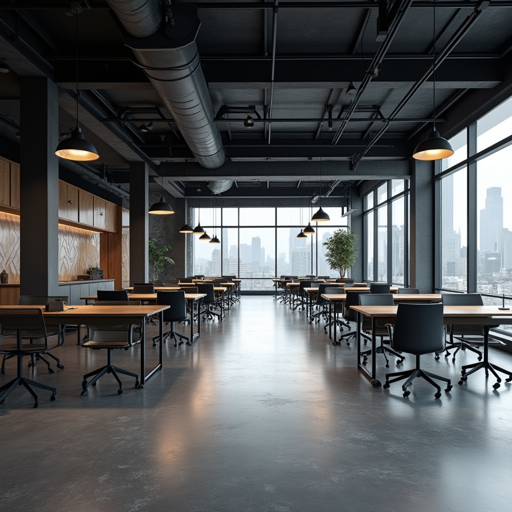 Prompt: Modern student hall, black accents, industrial chic, metal beams, minimalist aesthetic, polished concrete floor, sleek lines, geometric shapes, functional furniture, ergonomic chairs, wooden desks, black metal legs, pendant lamps, urban atmosphere, cityscape views, panoramic windows, natural light, 3/4 composition, softbox lighting.