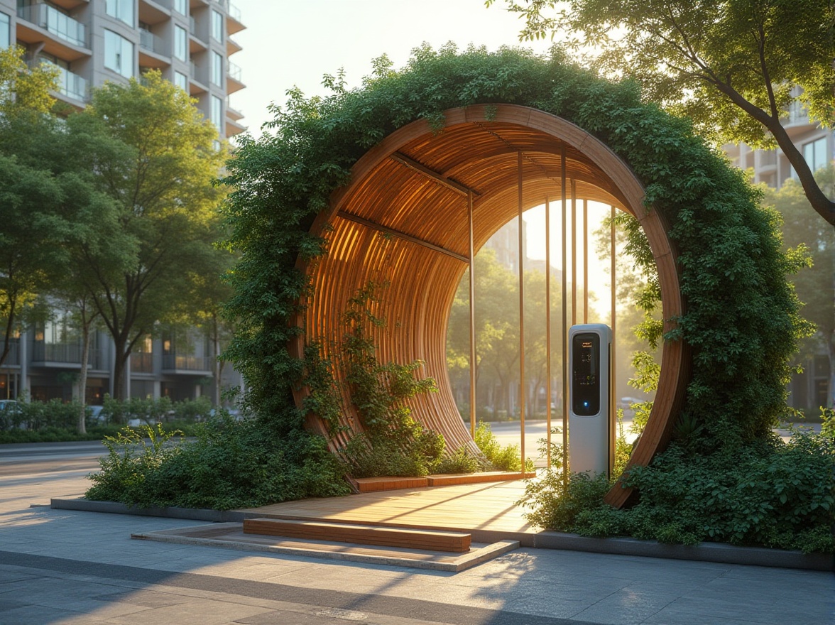 Prompt: Urban charging station, organic architecture, futuristic, eco-friendly, greenery walls, vines, natural light, wooden accents, curved lines, minimalist, modern, sleek, glass roof, steel frames, urban jungle, cityscape, busy streets, morning sun, warm ambient lighting, shallow depth of field, 3/4 composition.