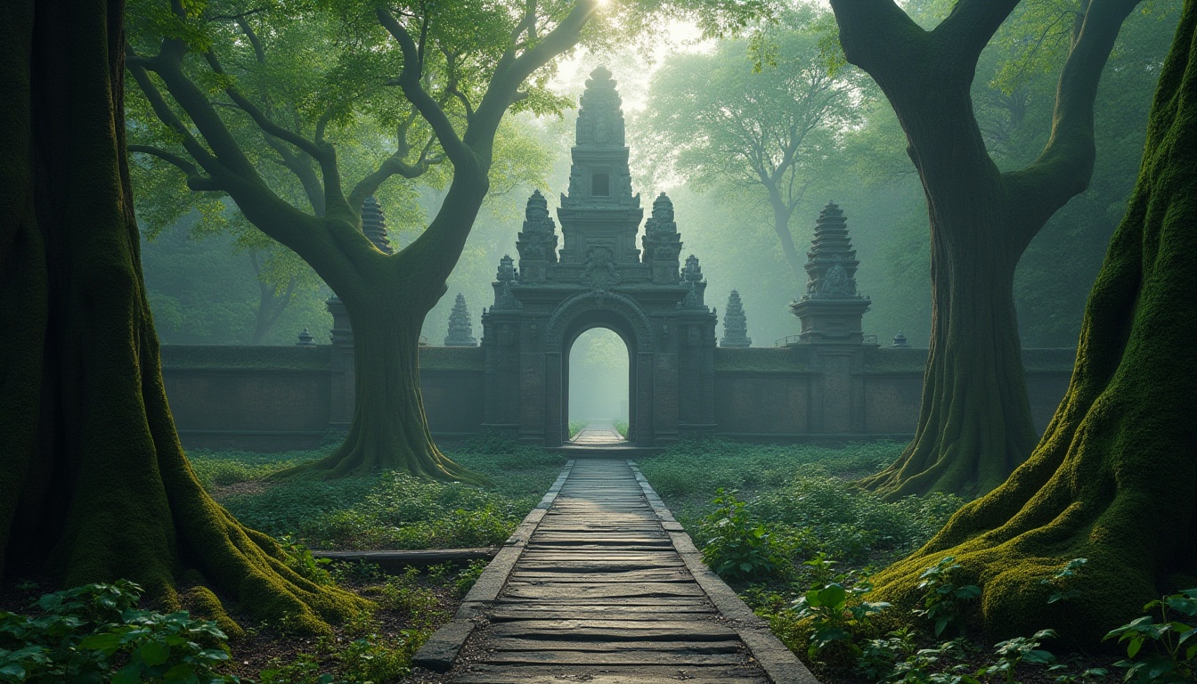 Prompt: Ancient trees, monument surrounded, natural forest setting, misty atmosphere, subtle sunlight filtering through leaves, intricate stone carvings, moss-covered statues, mystical ambiance, foggy background, mysterious lighting, 3/4 composition, cinematic mood, grandeur architecture, historical landmark, serene environment, vibrant greenery, earthy tones, wooden bridge, winding path.