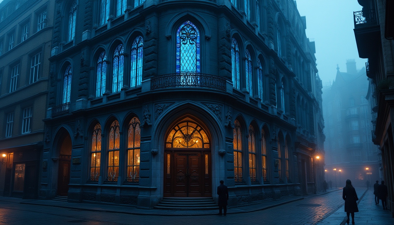 Prompt: Gothic office building, blue tinted stained glass windows, intricate stone carvings, pointed arches, ribbed vaults, grand entrance, heavy wooden doors, ornate metalwork, dark blue granite walls, mysterious atmosphere, foggy morning, London cityscape, narrow alleyway, dim streetlights, dramatic shadows, cinematic composition, high contrast, HDR.