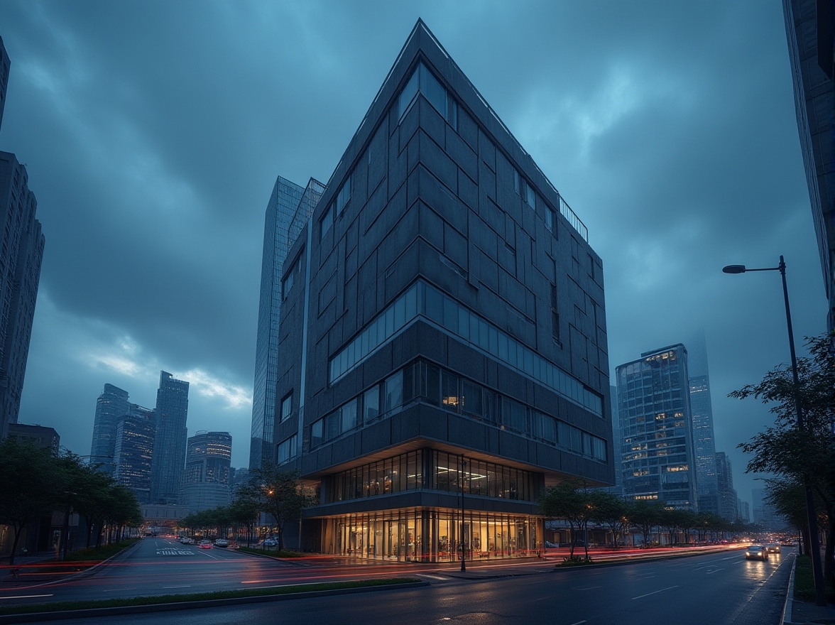 Prompt: Modern skyscraper, dark gray concrete, sleek glass windows, metallic accents, cityscape background, blue-gray cloudy sky, low-angle shot, dramatic lighting, cinematic composition, sharp lines and edges, urban atmosphere, busy streets, blurred car lights, night scene, moody ambient light, high-rise building, futuristic architecture, steel beams, minimalist design.