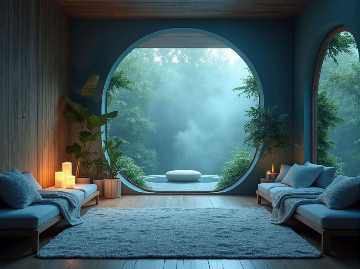 Prompt: Calming indigo color scheme, serene healing environment, peaceful atmosphere, soft indirect lighting, gentle mist, lush greenery, natural textures, wooden accents, comfortable seating area, relaxing sound of water, soothing music, aromatherapy, candles, essential oils, minimalist decor, open space, high ceiling, large windows, natural light, warm ambiance, cozy throw blankets, plush pillows, calming patterns, subtle shading, gentle color transitions.