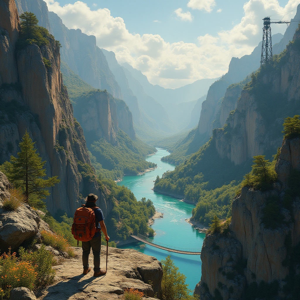 Prompt: Canyon scenery, majestic landscape, rocky cliffs, vast valley, serene atmosphere, dramatic clouds, vibrant turquoise water, winding river, lush green trees, rare wildflowers, ancient ruins, abandoned mine, rusty machinery, old wooden bridge, rugged terrain, adventure backpack, hiking stick, solo traveler, contemplative pose, warm sunlight, golden hour, soft shadows, cinematic composition, panoramic view.