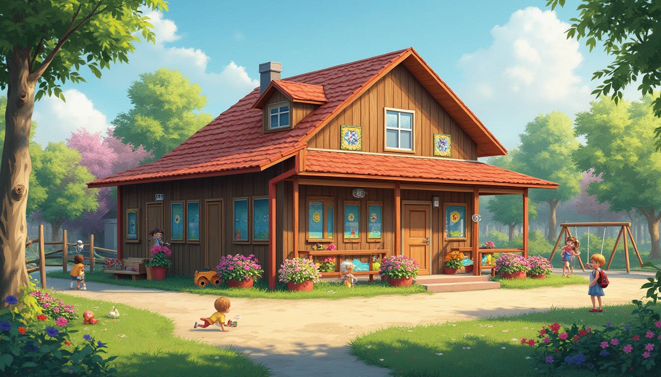 Prompt: Rural kindergarten building, regionalism style, earthy tone, wooden structure, sloping roof, large windows, colorful shutters, flower-patterned curtains, vibrant murals on walls, educational decorations, toys and books scattered, children playing outside, swing set, slide, sandbox, blooming flowers in planters, lush green grass, sunny day, warm light, gentle breeze, peaceful atmosphere, horizontal composition, wide-angle shot.