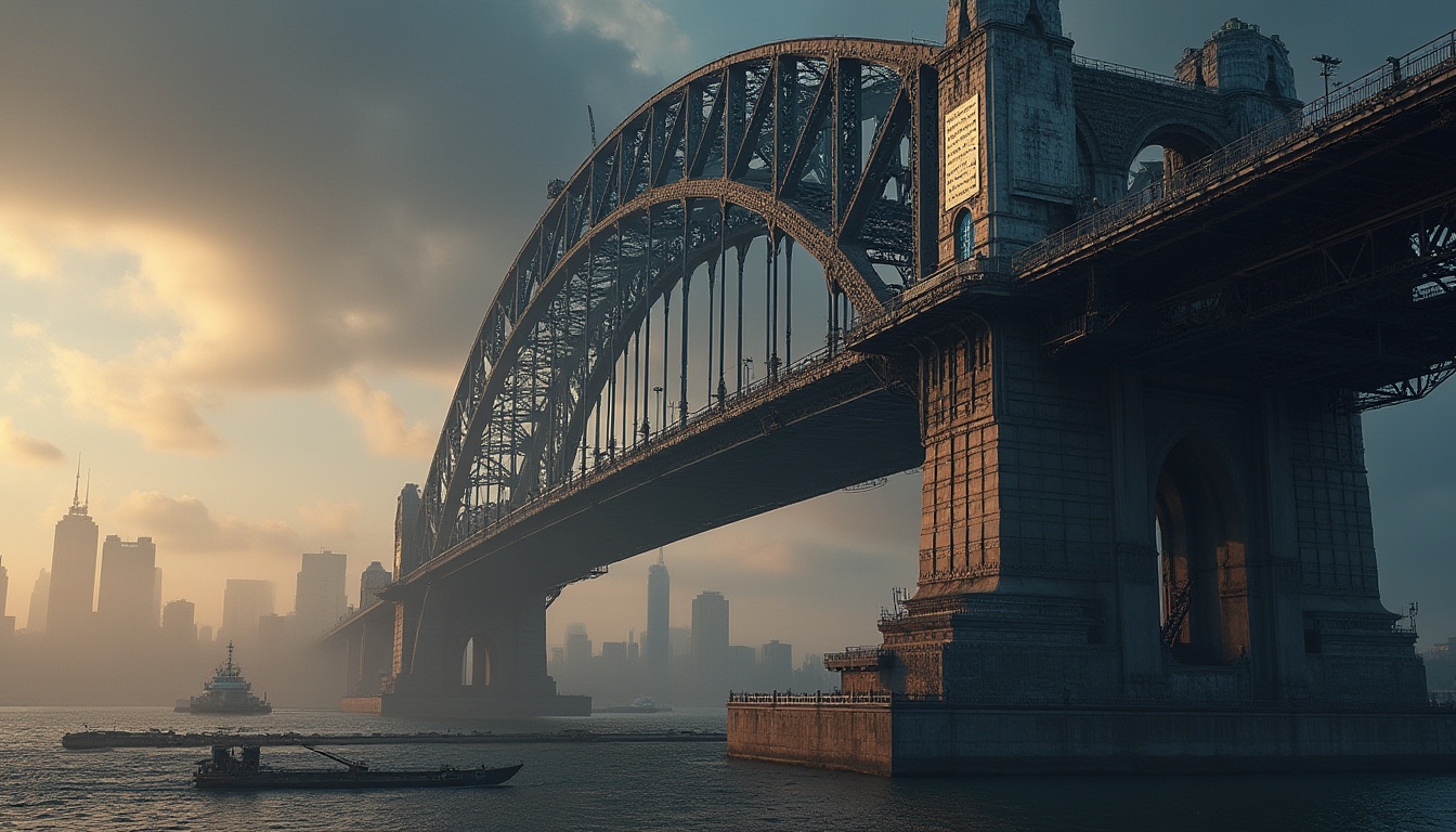 Prompt: Industrial bridge, steel arch structure, sturdy pillars, metallic luster, rivets details, robust bolts, iron girders, reinforced concrete foundation, misty atmosphere, dawn or dusk lighting, dramatic composition, low-angle shot, heroic architecture, monumental scale, modern cityscape, urban landscape, distant skyscrapers.