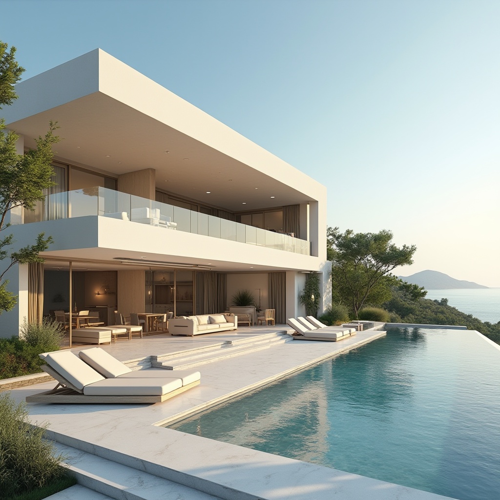 Prompt: Luxurious villa, modern architecture, angular lines, large windows, minimalist decor, white marble floors, high ceilings, grand staircase, luxurious furniture, greenery interior, natural light pouring in, serene ambiance, warm beige exterior walls, flat roof, infinity pool, sun loungers, Mediterranean coastline, clear blue sky, soft warm lighting, afternoon atmosphere, 3/4 composition.