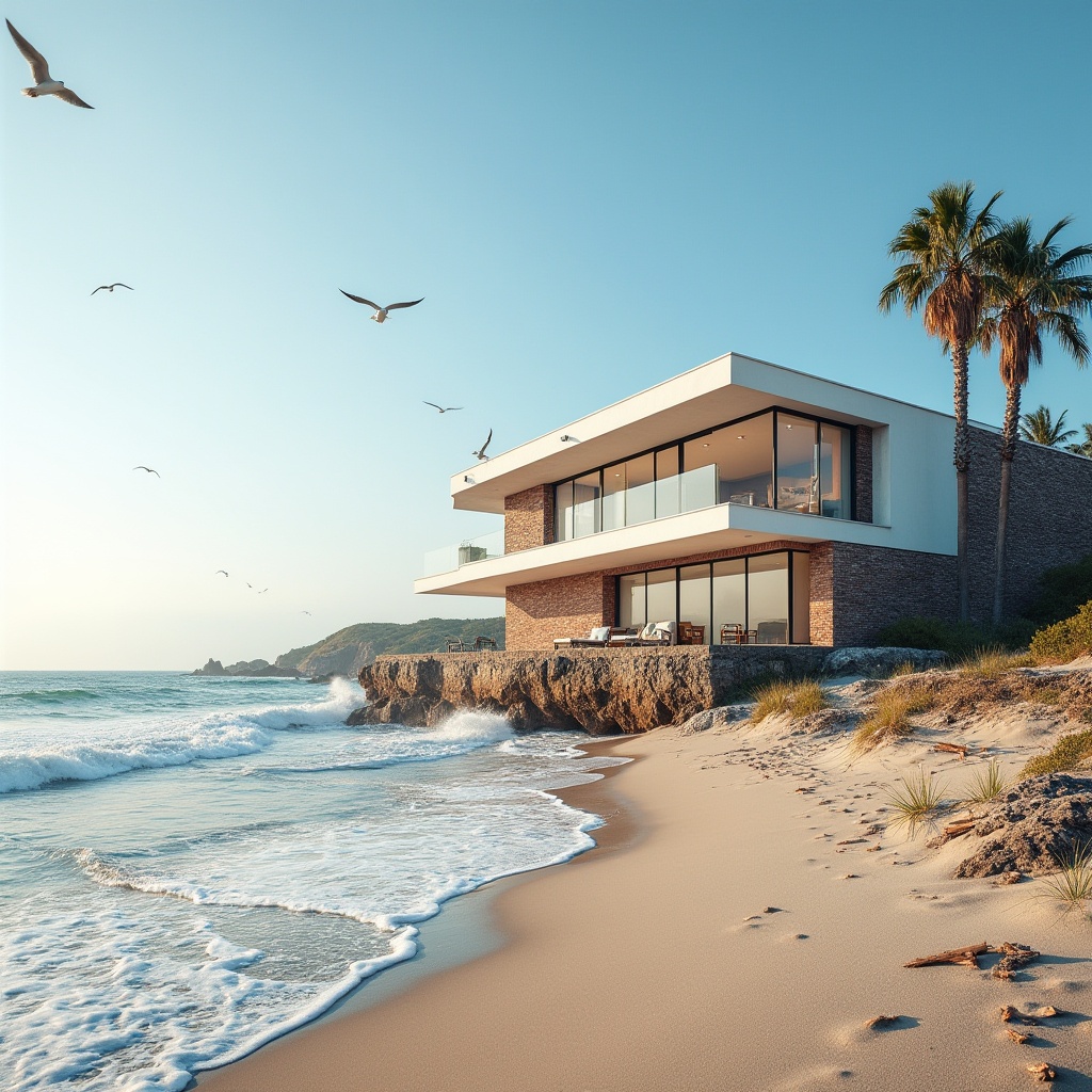 Prompt: Beach architecture, seaside villa, modern minimalist, large windows, white walls, brick facade, rough texture, red-brown color, rustic look, waves crashing, seagulls flying, sunny day, clear blue sky, beach chairs, palm trees swaying, sand dunes, driftwood, ocean breeze, soft natural light, 3/4 composition, warm atmosphere.