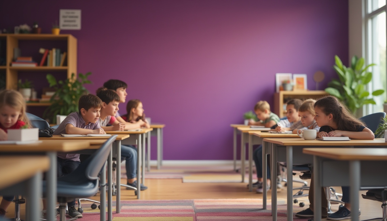 Prompt: Modern educational space, vibrant plum color accent wall, wooden desk with metal legs, ergonomic chairs, students' faces lit up with curiosity, softbox lighting, 3/4 composition, shallow depth of field, blurred background, warm and inviting atmosphere, inspirational quotes on the walls, green plants on shelves, motivational posters, colorful rug, rounded edges, minimalist decor, calm and focused mood, creative learning environment.