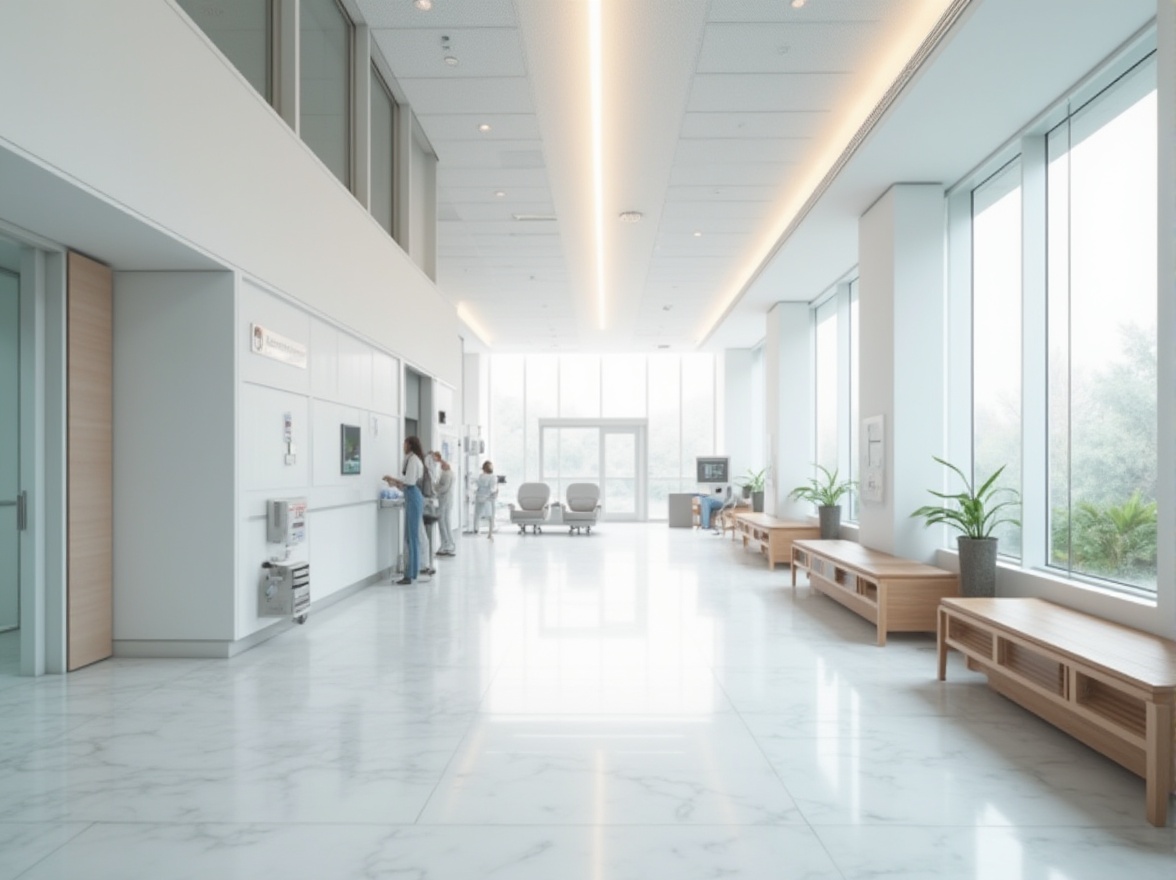 Prompt: Modern hospital interior, minimalistic style, clean white walls, polished marble floors, simple wooden benches, sparse decorations, plenty of natural light, large windows, calm atmosphere, few people, sterile environment, subtle scent of disinfectant, quiet corridors, soft spoken words, gentle footsteps, subtle background hum, sleek medical equipment, stainless steel surfaces, comfortable waiting area, peaceful ambiance.