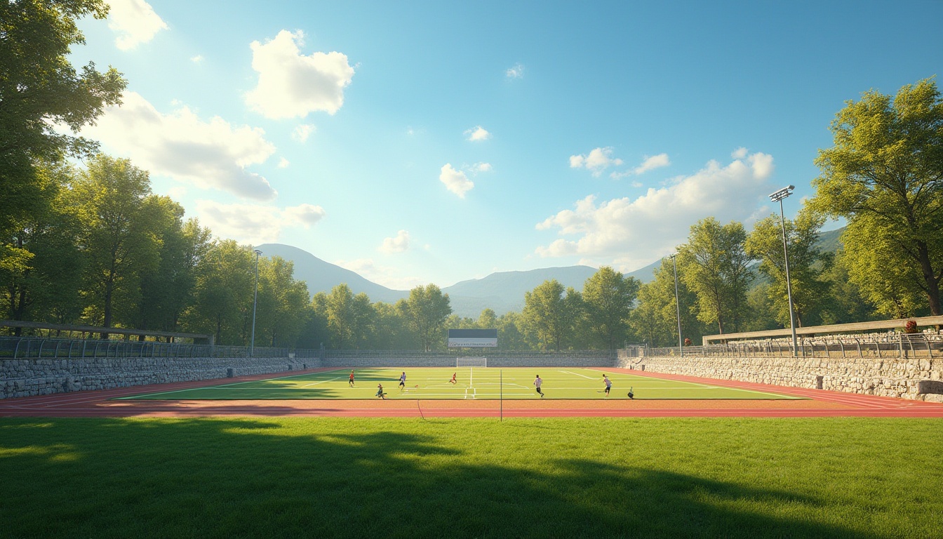 Prompt: Sandstone sports field, sunny day, clear blue sky, few white clouds, warm ambient lighting, natural texture, rough stone wall surrounding the field, lush green grass, vibrant athletic tracks, modern sports equipment, metal goalposts, wooden benches, athletes in motion, running, jumping, playing, dynamic composition, low-angle shot, dramatic shadows, realistic rendering, 3/4 composition, soft focus on background.