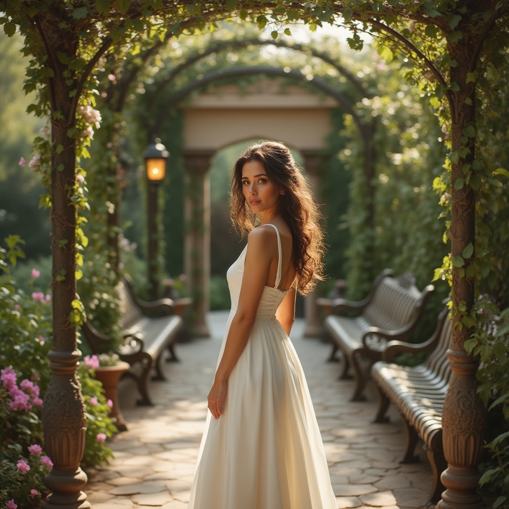 Prompt: Art Nouveau-inspired outdoor space, luxurious villa, mature lady, flowing curly hair, elegant makeup, flowing white gown, intricate metalwork decorations, ornate benches, vine-covered pergola, lush greenery, blooming flowers, winding stone pathways, warm golden lighting, soft focus, shallow depth of field, natural textures, curved lines, organic shapes, whimsical atmosphere.